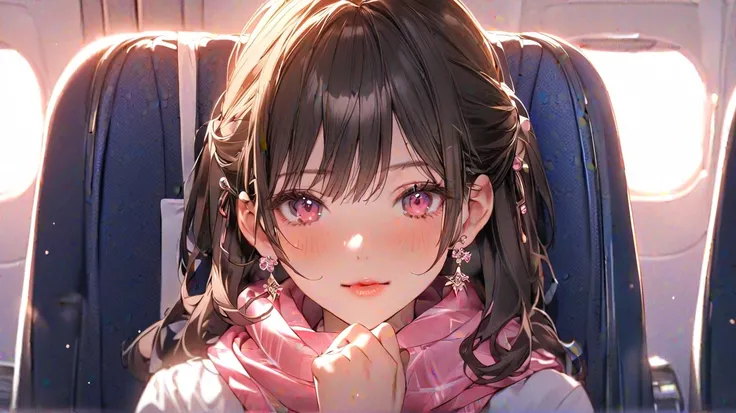  Please draw a scene where an anime-style character is sitting on an airplane seat。 The character has a white shirt and pink scarf 、 and wears a beige skirt 。 The characters face is mosaicked 。 Please make sure the airplane windows and seats are visible in...