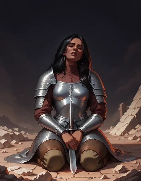 a female warrior, solo, eyes closed, black hair, long hair, small breast, medieval armour, chainmail, kneeling, mourning to the sky, ground, on a pile of rubble, front view, moody and gritty, dramatic scene, (dark sky:1.3), (dark background)