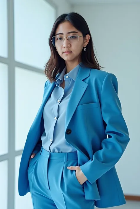 A half-body fashion portrait of a pretty Korean female model wearing a modern outfit with a blue tonal palette, alluring, wearing glasses, standing in a professional studio. The outfit features sleek lines and contemporary design, complemented by accessori...