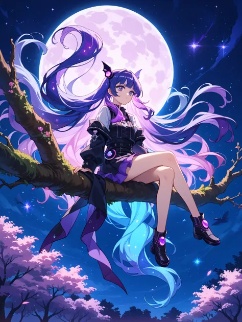 score_9, score_8_up, score_7_up, source_anime,
 surreal, 
 1girl,k-pop idol ,  very long hair , Floating hair, glowing hair , 
 night scene,Moon in the sky, purple shades ,starry night, Dream atmosphere,Glowing edges, hair mystical , high contrast,ethereal...