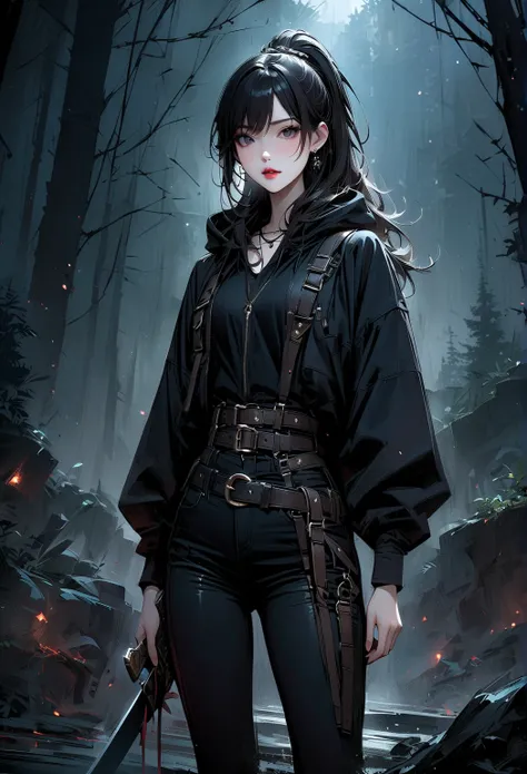 (top quality, 4K, masterpiece :1.3), a cute young beautiful asian woman shemale, dark haired, pale skin, grey eyes, asian slanted eyes, long hairs, red lips, sword held, earring, Victorian black leather vampire hunter outfit, black boots, pants, high ponyt...