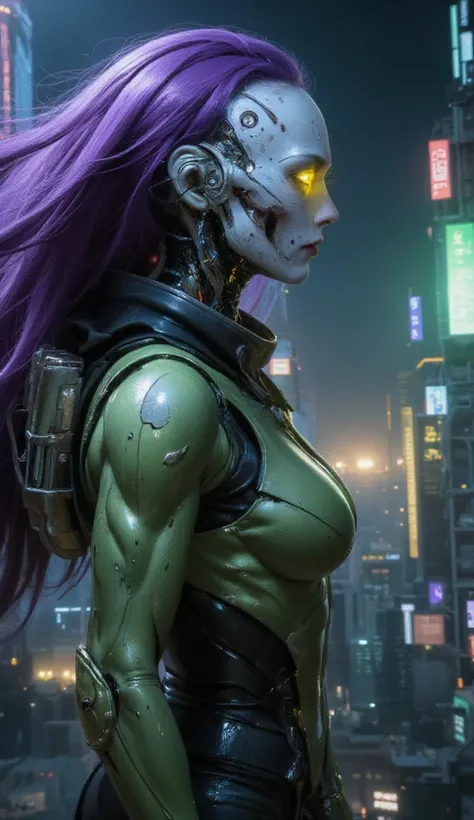 In a magic style, a futuristic cityscape at night serves as the backdrop for a striking figure. A large, robot-like figure stands at the center, its appearance skull-like, with a green suit and long purple hair flowing in the wind. The robots head is a maz...