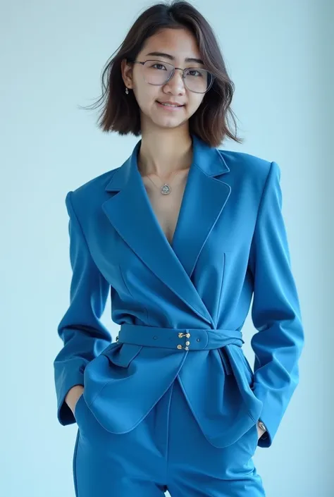 A half-body fashion portrait of a pretty Korean female model wearing a modern outfit with a blue tonal palette, smilling, alluring, wearing glasses, standing in a professional studio. The outfit features sleek lines and contemporary design, complemented by...