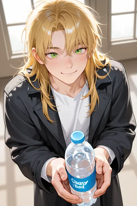 boy, toned, golden hair, kawaii, window background, green eye, cutie face, semi realistic, 8k, opened black coat, holding water bottle with hands like dumbell, long hair, a bit smile, clumsy, white shirts, full body, no other people