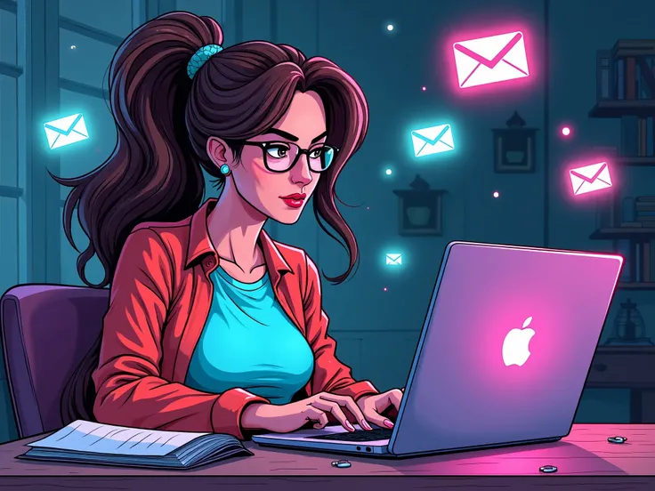 Comic-style woman at home working on a “Laptop” with glowing neon “Email Welcome Campaign ” effects with floating emails