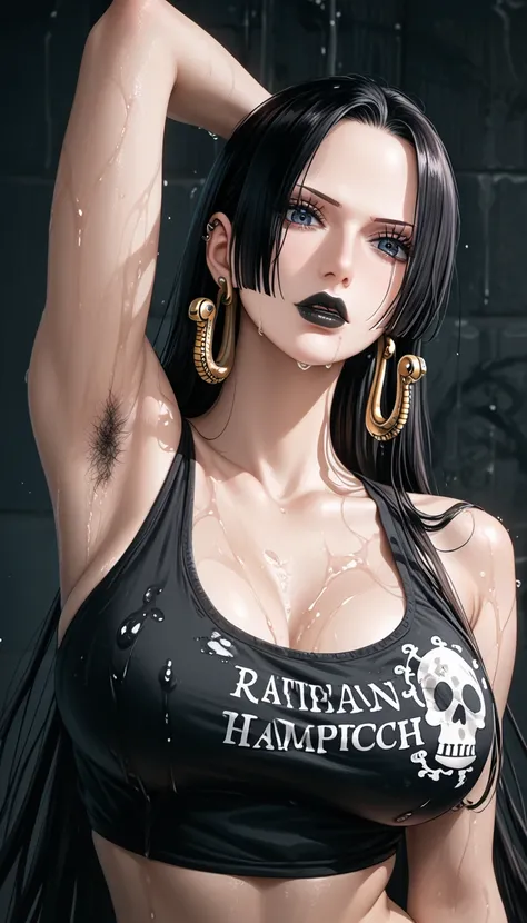 (Boa Hancock), black tank top, gothic make-up, pierced ears, big breast, perfect body, black lipstick, licking armpit, beautiful black armpit hair, arrogant facial expression, photo art, high detail, high resolusi, best quality, black wall background, wet ...