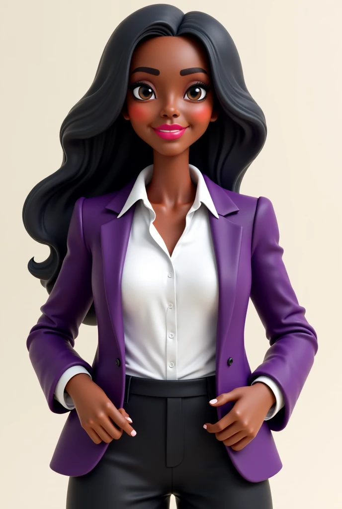  Create an avatar of a black teacher , long hair and big eyes .  dressed in a white blouse and a purple blazer and black pants. 