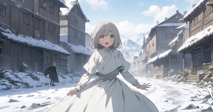 Snowy field during the day　river　 girl with gray hair bob　 one eye is hidden　 skirt with open pupils 　 tattered white clothes　Person Distant 　 scenery main 　anime