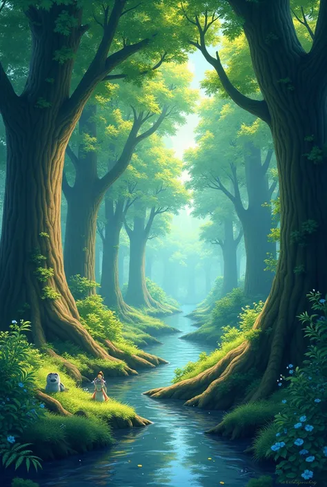 imagine prompt: Viral anime nature wallpaper in 4K quality, in the style of digital illustration
inspired by Hayao Miyazaki, featuring a serene forest with towering ancient trees, dappled
sunlight filtering through the leaves, a gentle stream flowing throu...