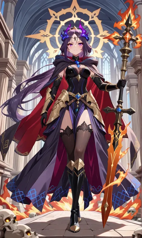 (((masterpiece, best quality, high detailed, 16k))) (1girl) A fierce and regal goddess with long dark purple hair and glowing ember-like eyes. She wears an obsidian armor adorned with gemstones and intricate underworld symbols. In one hand, she holds a fla...