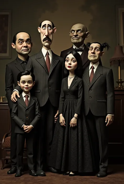 Portrait of the Adams family complete , Pugsley, fester, Morticia, Gomez, Wednesday, Lurch e Grandmama. Created by Charles Addams,  style old photo presented by Tim Burton