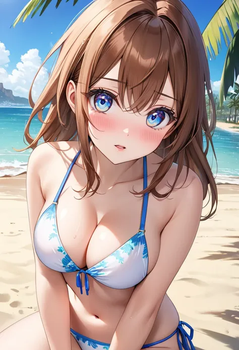 (This is a close-up shot of a young anime girl in a bikini on the beach:1.4),(solo:1.4),(1girl:1.4),(long brown hair:1.3),(blue eyes:1.2),(white bikini top:1.3),(white bikini bottom:1.2),(navel:1.1),(sitting on the beach:1.3),(palm trees in the background:...