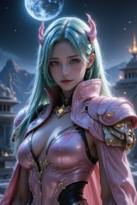 A masterpiece of a photograph, showcasing the best quality and ultra-high resolution. The subject is a girl, Andromeda Shun, dressed in pink armor with her chest split open, revealing green hair and blue eyes. She stands with a balanced gaze, looking direc...