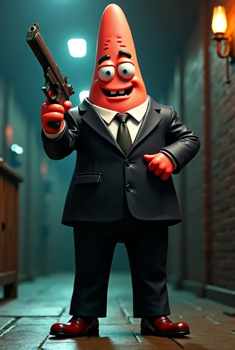 Make patric from spongpop movie amafia member with a gun