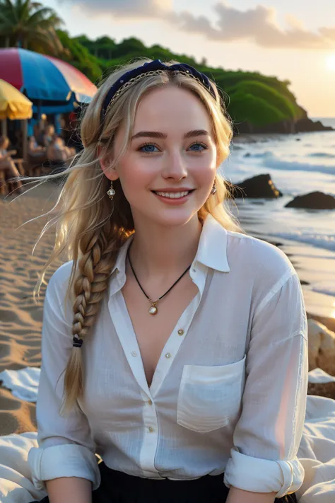 A highly detailed and realistic photo of 20 y.o. pale skinned  woman sitting on a beach at sunset, she is wearing an oversized white linen shirt which is unbuttoned revealing her breasts, she is smiling and looking to the side. , she has VERY SMALL breasts...