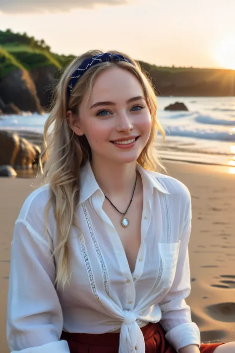 A highly detailed and realistic photo of 20 y.o. pale skinned  woman sitting on a beach at sunset, she is wearing an oversized white linen shirt which is unbuttoned revealing her breasts, she is smiling and looking to the side. , she has VERY SMALL breasts...