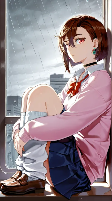 masterpiece, best quality, very aesthetic, ayase momo, dandadan, brown hair, short hair, hair between eyes, thick eyebrows, red eyes, looking at viewer, outfit_1, earrings, black choker, pink sweater, collared shirt, open collar, red bowtie, loose bowtie, ...