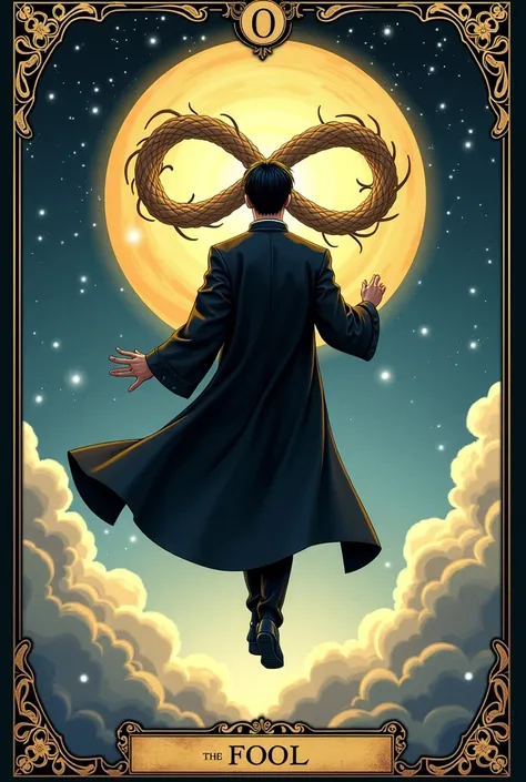 a card, intricate detailed tarot card illustration, tarot card, tarot card "the fool", card header text "0", card footer text "The Fool", text font style medieval, a asian adukt man, black hair japanese, black suit, floating in the sky, ((infinity symbol b...