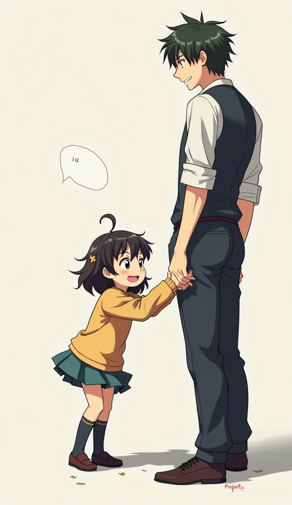 A cute little short anime girl trying to get the attention of an adult by pulling his trousers and calling for him "hey mister"