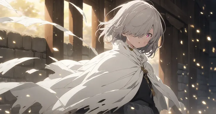 Snowfield　 girl with gray hair bob　 skirt with open pupils 　A tattered and dirty white cloak　anime　 anime keyvisual, from side, hair over one eye, feet out of frame,