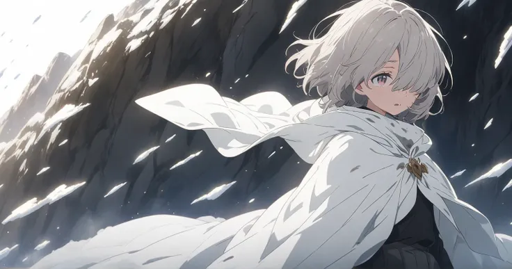 Snowfield　 girl with gray hair bob　 skirt with open pupils 　A tattered and dirty white cloak　anime　 anime keyvisual, from side, hair over one eye, feet out of frame,