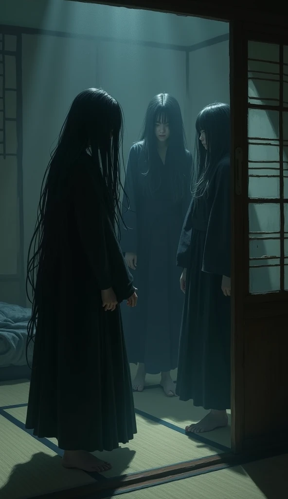 make poster in which scary 3 ghost girls dark shadows sitting  feets with long hair on face wearing black clothes in japanese living house scaring sleeping girl and her friend see 