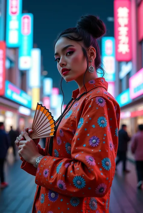 Generate with upper and bottom Tokyo-Inspired Fashion (Futuristic, Streetwear, Kawaii, Traditional or Anything Bold and Creative According to Indian women and a fan in hand