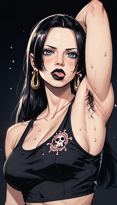 (Boa Hancock), black tank top, gothic make-up, pierced ears, big breast, perfect body, black lipstick, licking the armpit, beautiful black armpit hair, arrogant facial expression, photo art, high detail, high resolusi, best quality, black wall background, ...