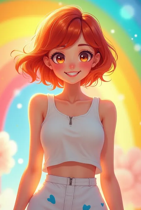 Create AI happy robust girl, with red short hair, brown light eyes. Wearing a tank top with a zip just up in the breast and a skirt white with light blue dots.  Rainbow color background.