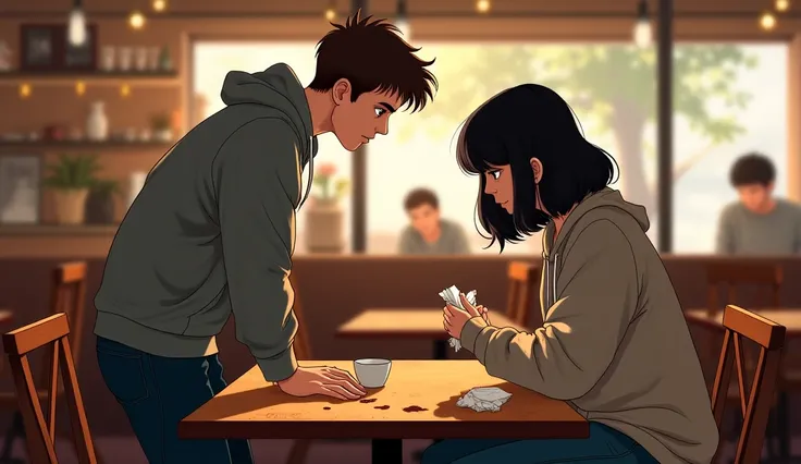 "A cozy coffee shop with warm, soft lighting and wooden tables that show slight wear. Lucas, a tall and thin young man with short brown hair and faint acne scars, leans forward to help clean up spilled coffee on the table. He wears a plain gray hoodie and ...