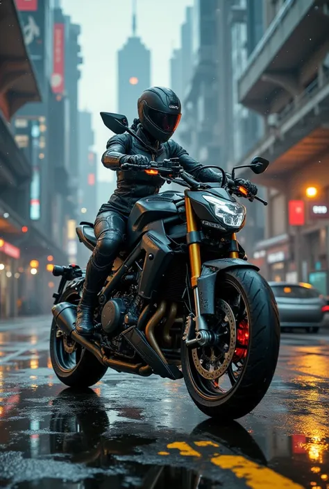 sci fi, hi tech cyberpunk motorcycle, female rider, cyberpunk city