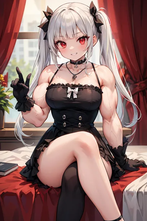 1girl, solo, medium breasts, muscles, big muscles, white hair, blunt bangs, long bangs, red eyes, twintails, long hair, gothic lolita, black gloves, choker, cleavahe, pendant, lolita fashion, sleeveless, bare shoulders, bare arms, indoors, crossed legs, si...