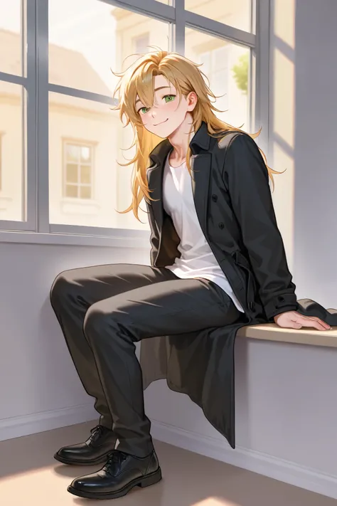 boy, toned, golden hair, kawaii, window background, green eye, cutie face, semi realistic, 8k, opened black coat, long hair, a bit smile, clumsy, white shirts, full body