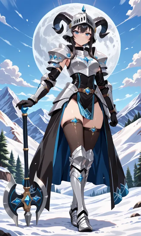 (((masterpiece, best quality, high detailed, 16k))) (1girl) A stern and determined female warrior with short, raven-black hair and ice-blue eyes. Her armor is made of solid, gleaming steel, adorned with mountain motifs and goat horns on her helmet. She wie...