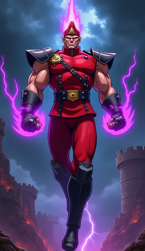 
"A Dragon Ball Z-style anime character inspired by M. Bison from Street Fighter 2, depicted in the Dragon Ball Z style. He has a muscular build, glowing red eyes, and a sinister grin. He wears a red military uniform complete with a distinct red peaked cap...