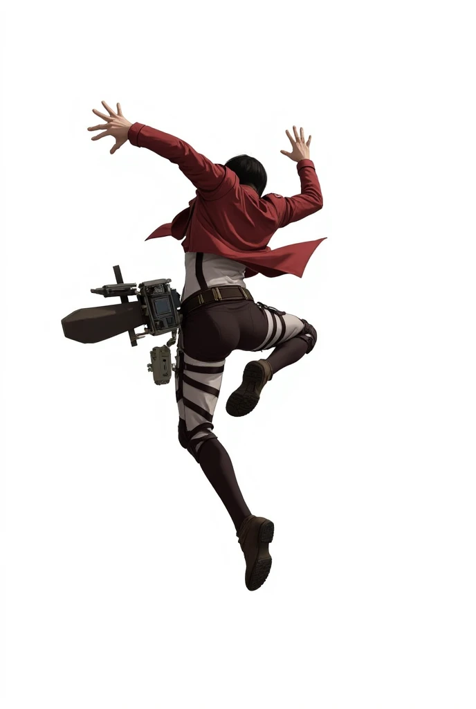 attack on titan, white background, warrior in mid air, back view, anime style