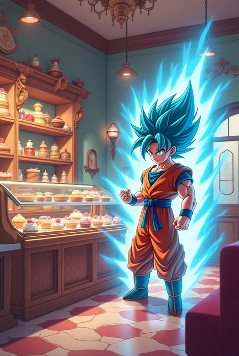 I have a pastry shop ,  what you think is going to be used to put as toppers on cake ,  create an image of Goku phase blue doing a kame kame ha on the right side 