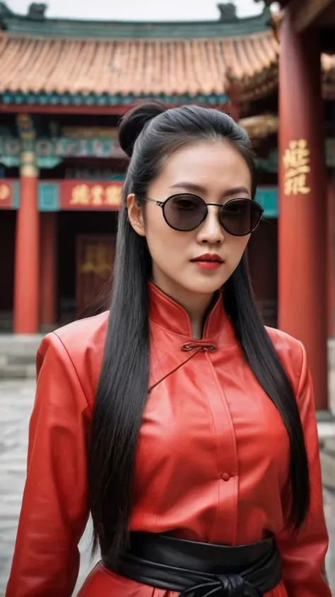 Chinese woman in her 30s with long black hair in a ponytail wearing black sunglasses dressed in red leather at a temple on a tall mountainside, octane render, real genuine leather, hyperrealistic, 4k, dynamic vintage lighting, retro 80s filter, 35mm, Very ...