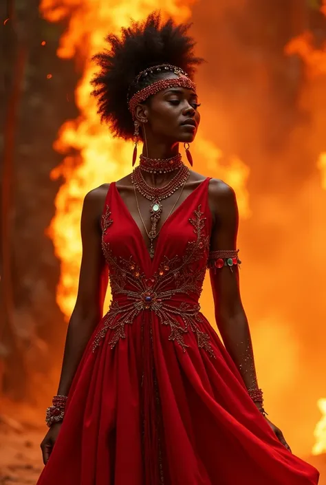 strong and delicate brown woman, in a breath taking red dress that remind fire with colors and sparkle, she has a copper sword and and luxury ornament in her head, shes iansã, the african god, strong, sweet, she controls thunders and the wind but remind us...