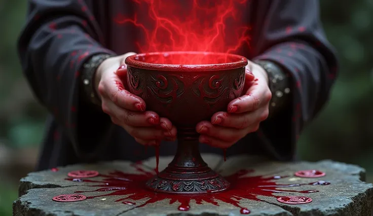  Bloody hands holding an ancient chalice ,  with red drops falling to the ground . The background shows a rough stone ,  where dark and arcane symbols are engraved ,  shining faintly in a dark red shade .  An aura of evil energy surrounds the chalice ,  il...