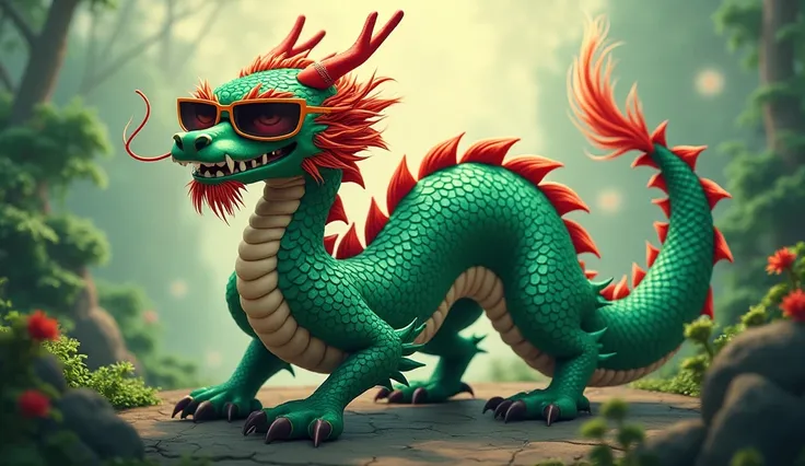 green chinese dragon with sunglasses