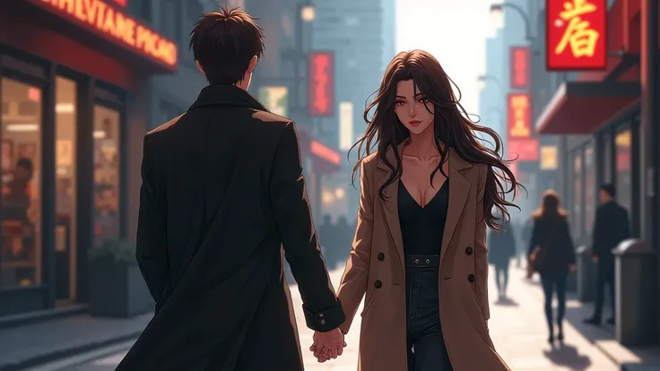 a sexy anime girl, with deep detailed face, long wavy hair, wearing coat, holding mans hand, walking in a streat