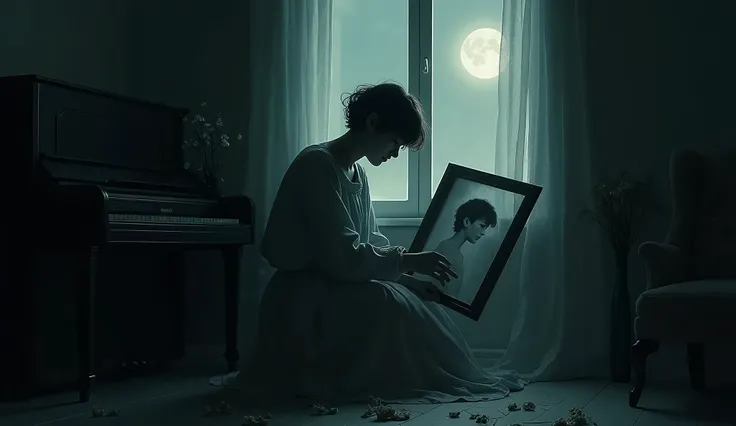 "A picture of a man or woman sitting in a quiet room at night. Moonlight pours through the window, casting dim shadows on the floor. The character sits beside a piano or a chair, holding a framed picture of his deceased lover. His face expresses loneliness...