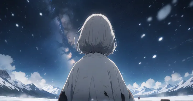 Snowy fields at night　 Milky Way　 girl with gray hair bob　Tattered and dirty white clothes　anime　 anime keyvisual, from behind, with a blizzard,