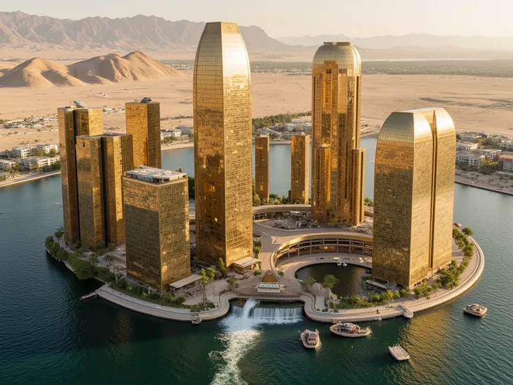 masterpiece, best quality, city of the future, ideal rectangular oval buildings of a big city of the future made of golden glass in the desert, top view, a river with a waterfall flows in the middle, sea embankment