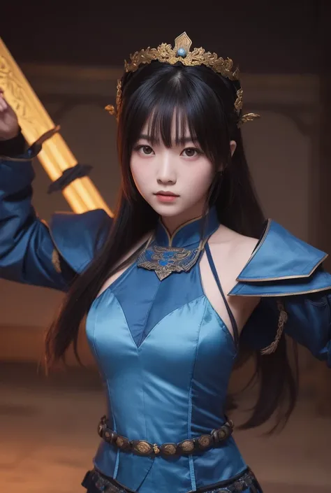 A girl from the Three Kingdoms period dressed in a dark blue combat costume