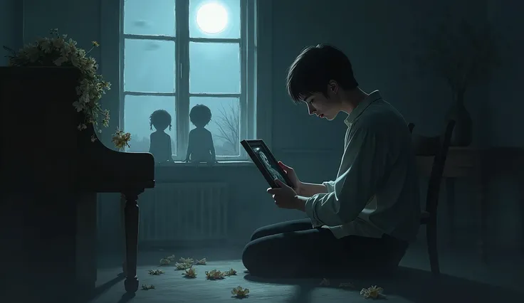 "A picture of a man or woman sitting in a quiet room at night. Moonlight pours through the window, casting dim shadows on the floor. The character sits beside a piano or a chair, holding a framed picture of his deceased lover. His face expresses loneliness...