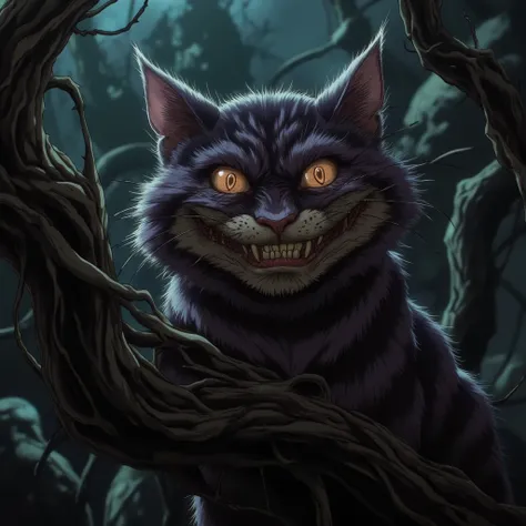 cheshire cat cute face with six devilish eyes smiling meaounig sitting on tree looking with interest    ,horror, screaming  , many eyes ,  