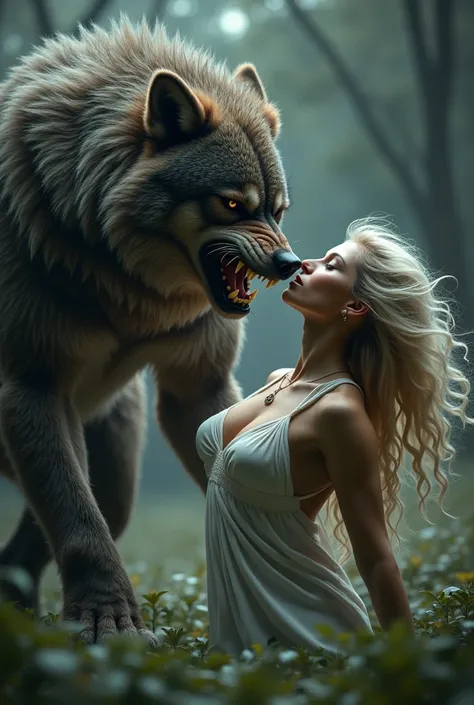 A close-up of the werewolf as it lunges toward the goddess, its powerful muscles rippling beneath its fur. The creatures eyes glow with a predatory intensity, and its sharp teeth are bared in a snarl. The werewolfs massive frame contrasts sharply with the ...