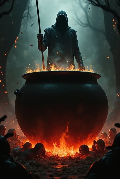 a shadow figure of a man stirring a large pot with people in it